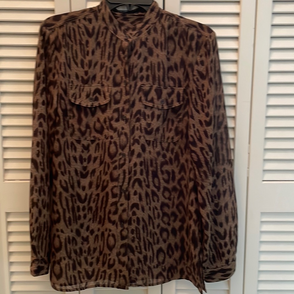 CHAPS. Button Down.  Long sleeve sheer black and brown print top.